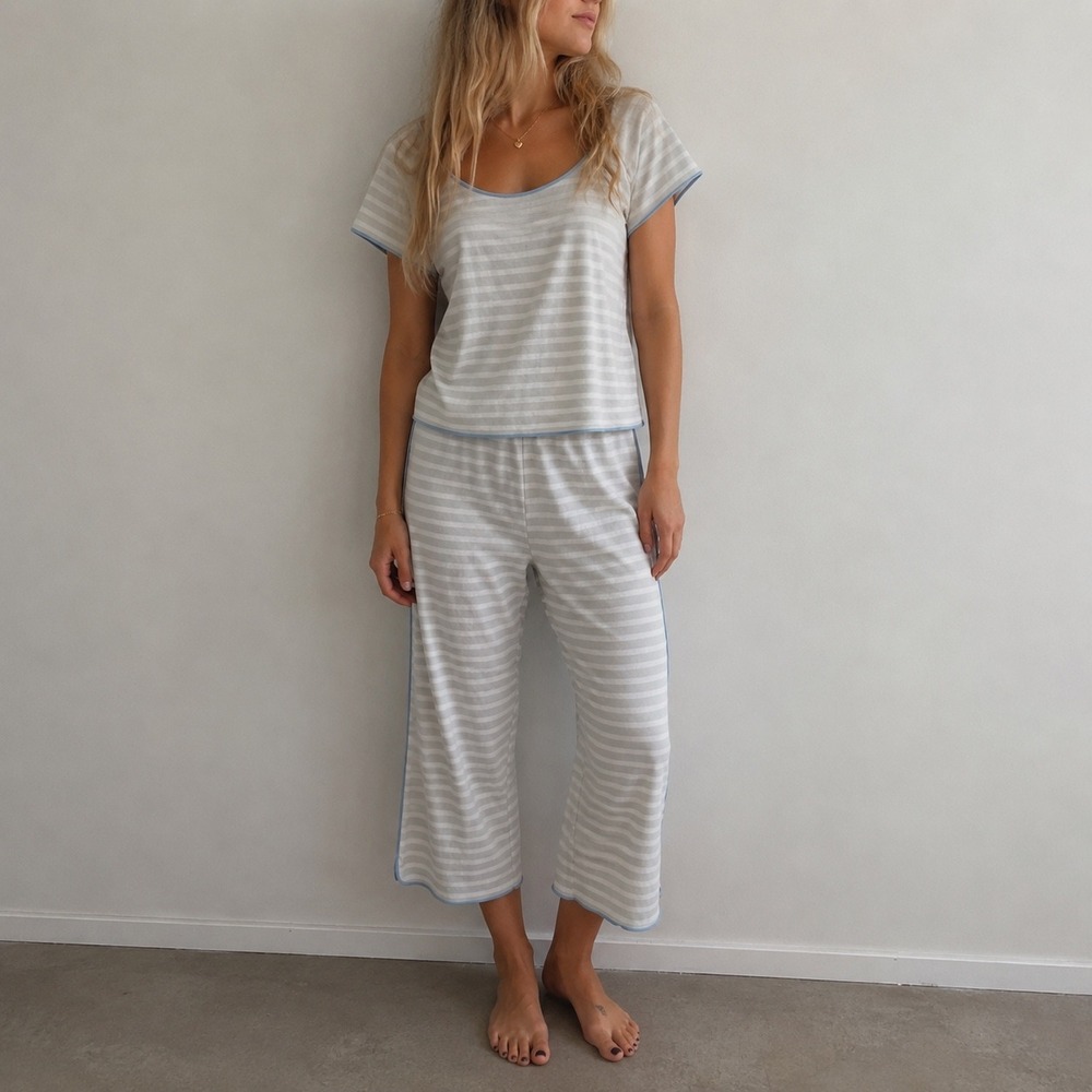 Lake Blue Striped Pajama Set Pima Cotton XL Coastal Minimalist Loungewear